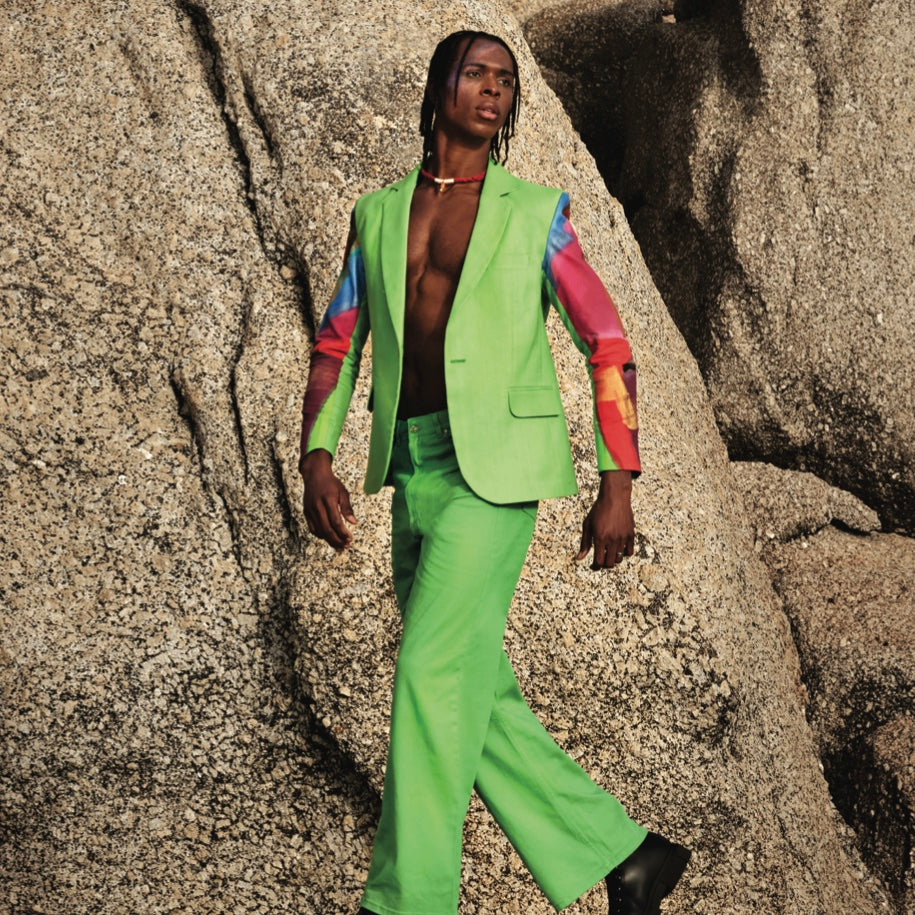BLAZER WITH HAND PAINTED CHAOS SLEEVES AND PARACHUTE TROUSERS