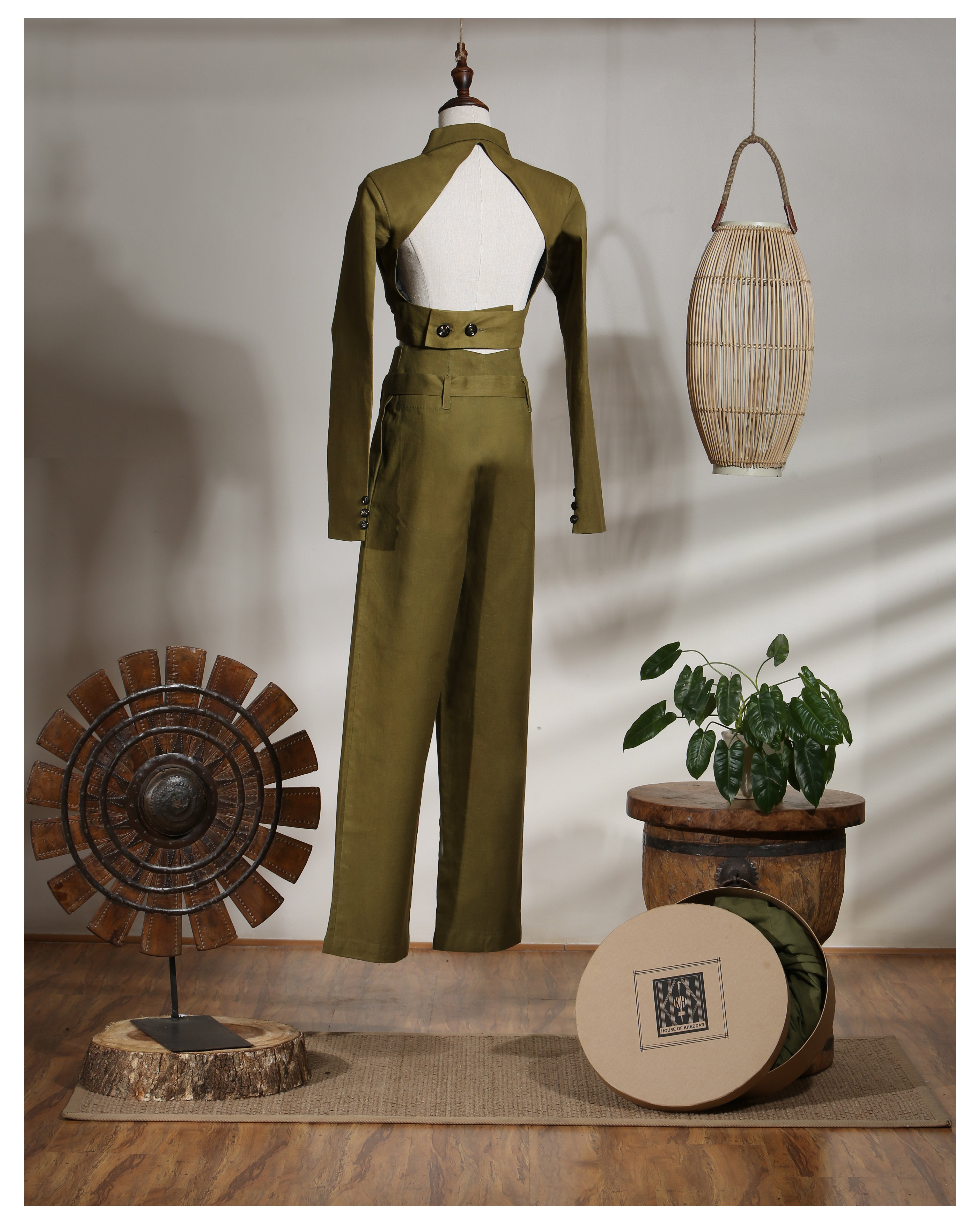 CROPPED WRAP JACKET WITH PLEATED PANTS - OLIVE BRANCH