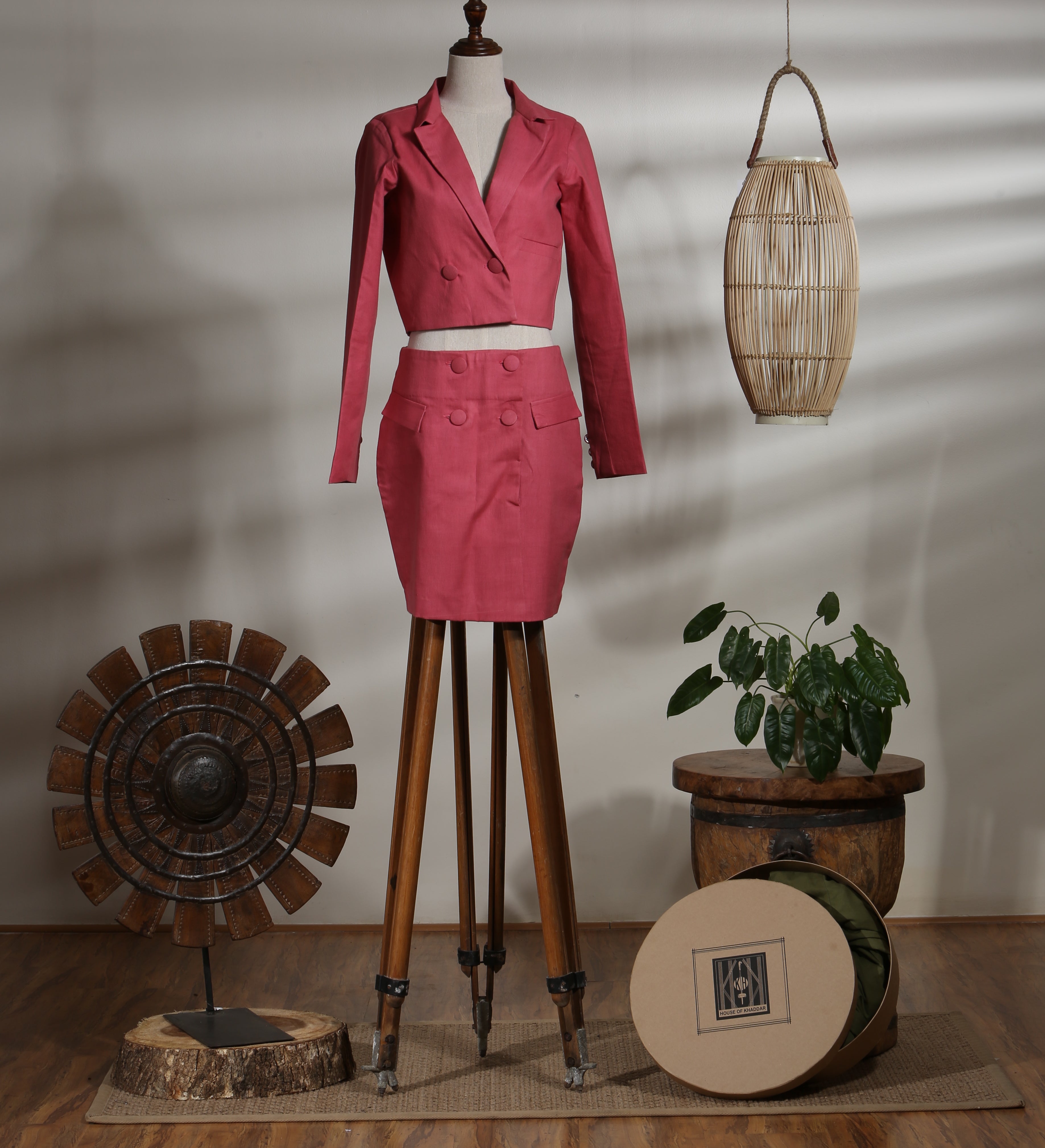 CROP JACKET WITH BUTTONED MINI SKIRT WITH POCKET FLAPS - FRUIT DOVE