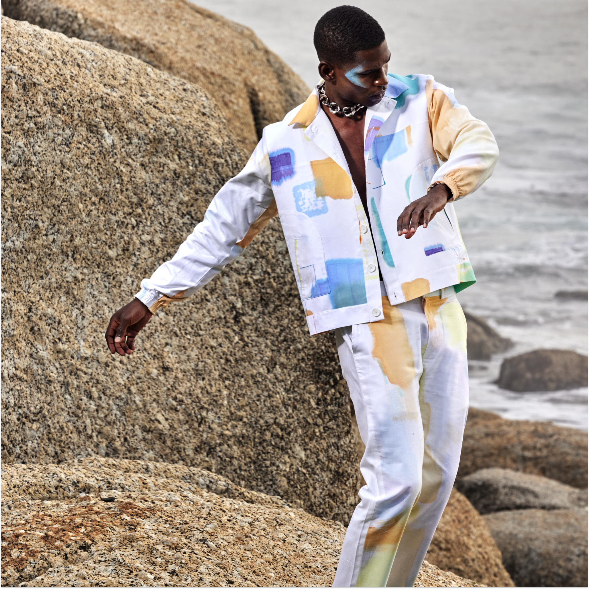 HAND PAINTED CROPPED JACKET AND TROUSERS