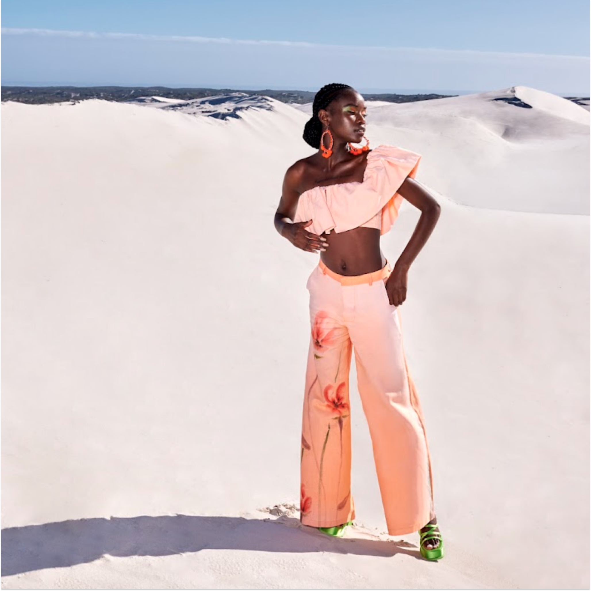 RUFFLE CROP TOP & HAND PAINTED FLARED PANTS
