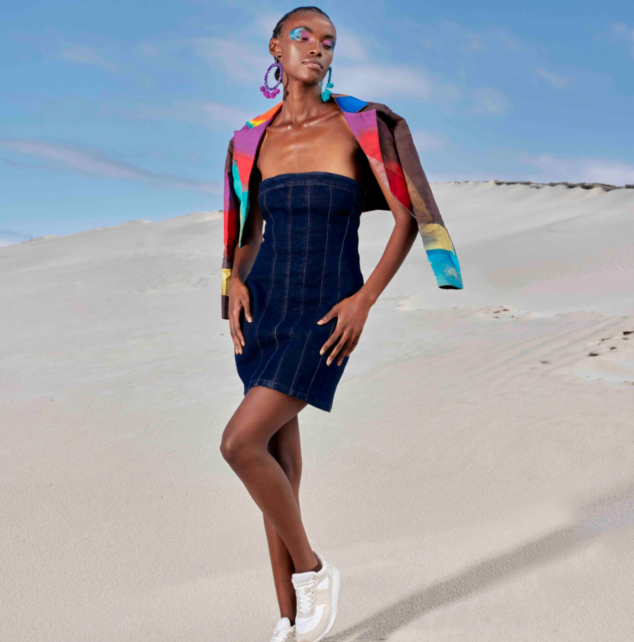 CHAOS HAND PAINTED CROP JACKET AND DENIM STRAPLESS DRESS