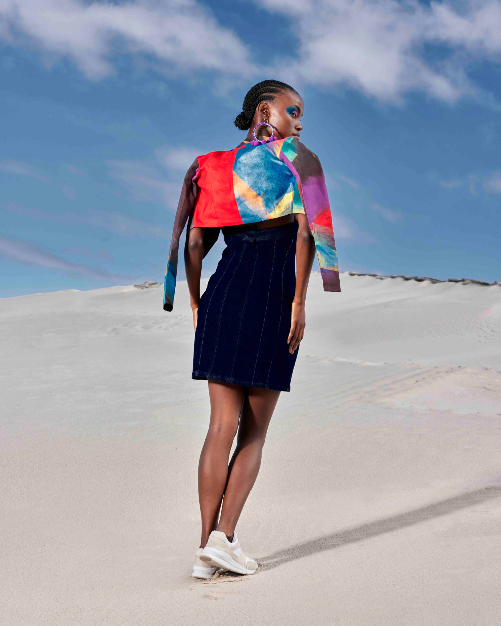 CHAOS HAND PAINTED CROP JACKET AND DENIM STRAPLESS DRESS
