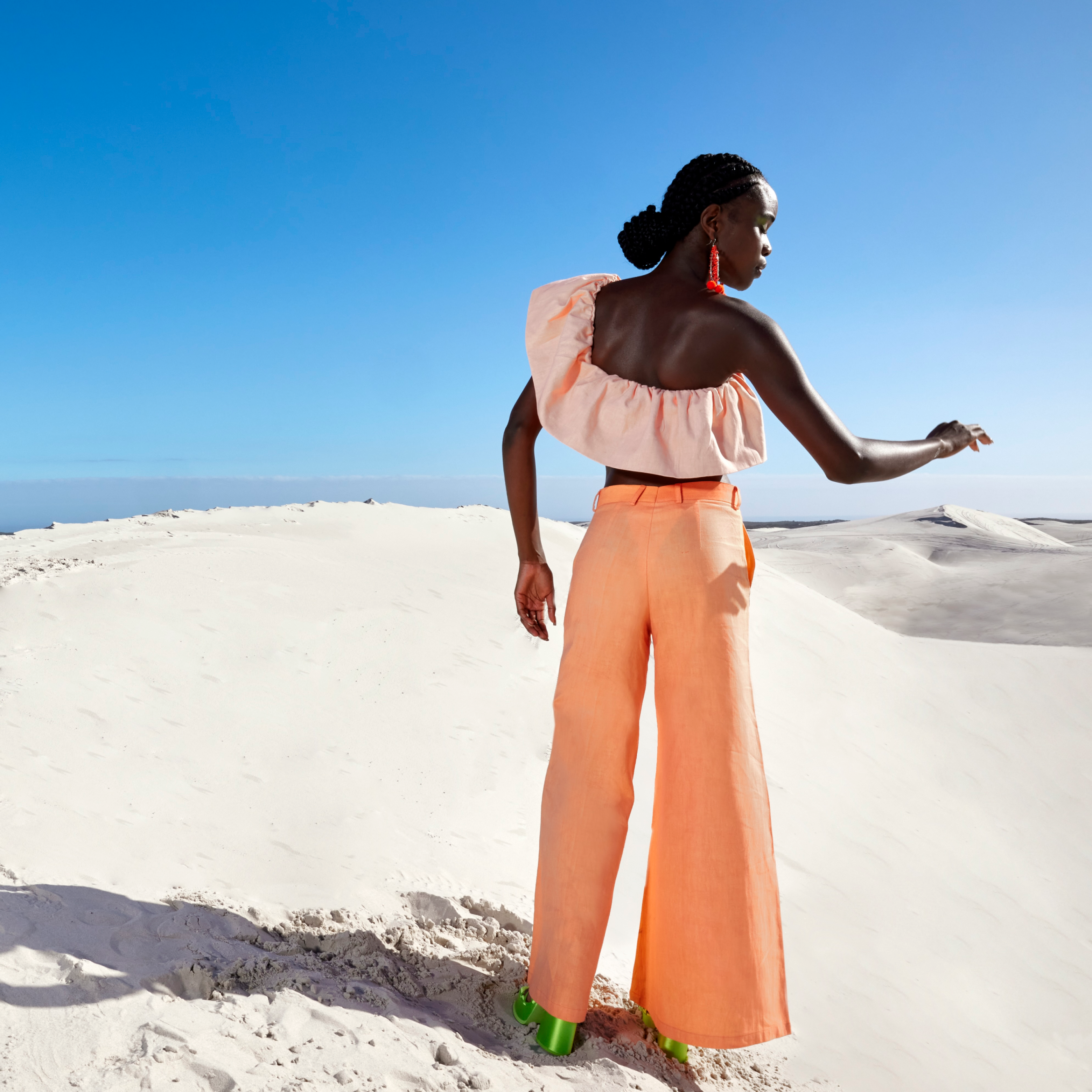 RUFFLE CROP TOP & HAND PAINTED FLARED PANTS