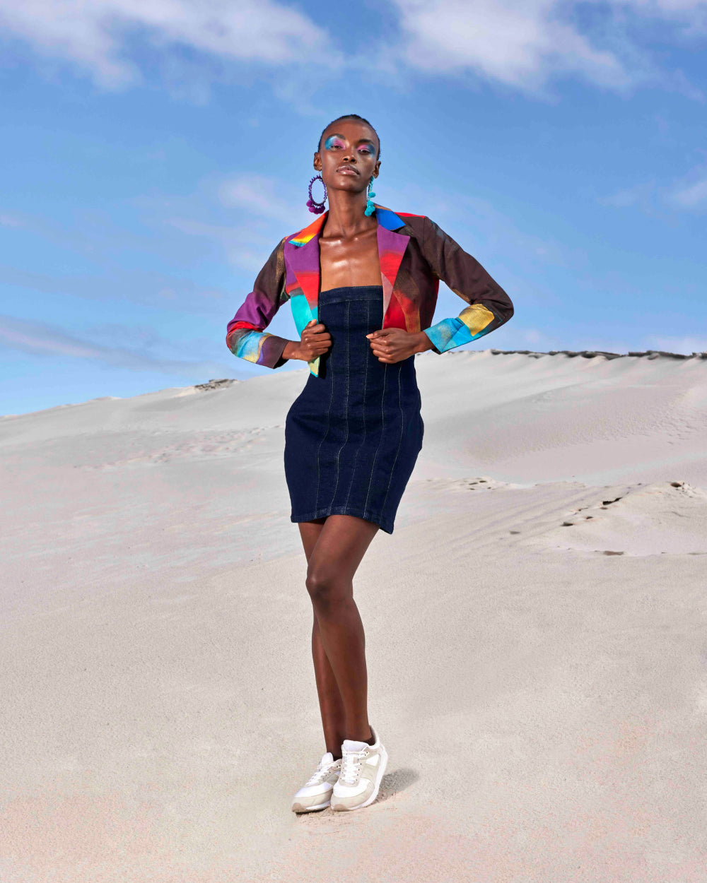 CHAOS HAND PAINTED CROP JACKET AND DENIM STRAPLESS DRESS