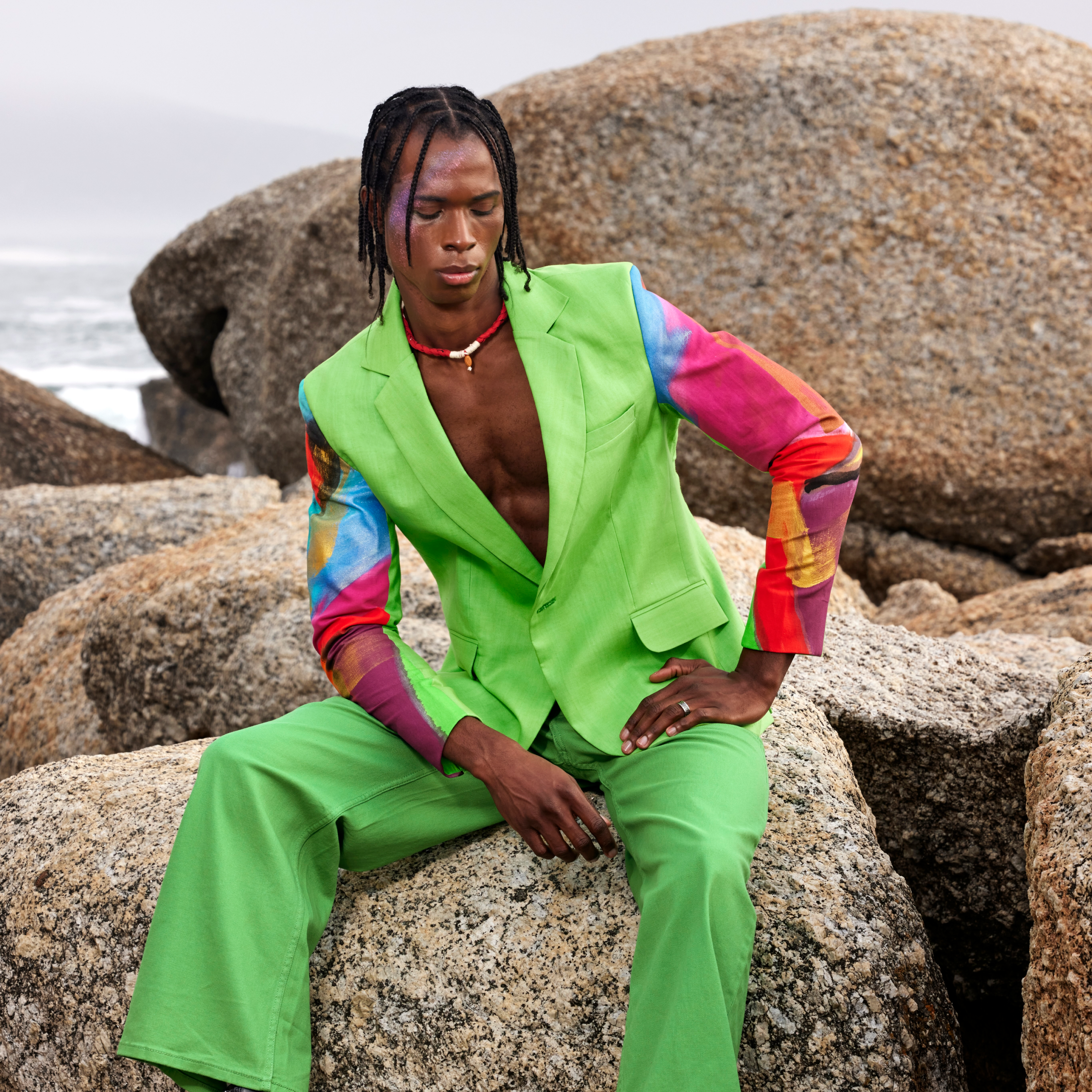 BLAZER WITH HAND PAINTED CHAOS SLEEVES AND PARACHUTE TROUSERS
