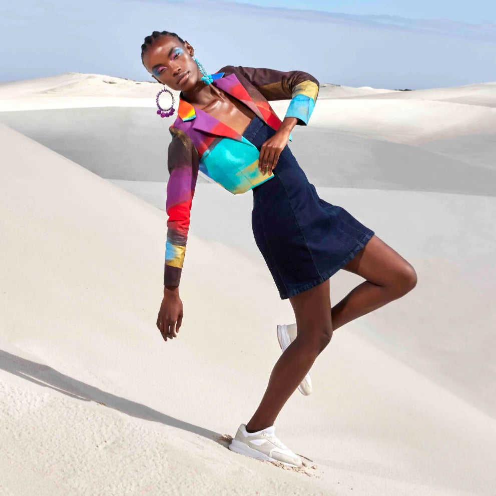 CHAOS HAND PAINTED CROP JACKET AND DENIM STRAPLESS DRESS