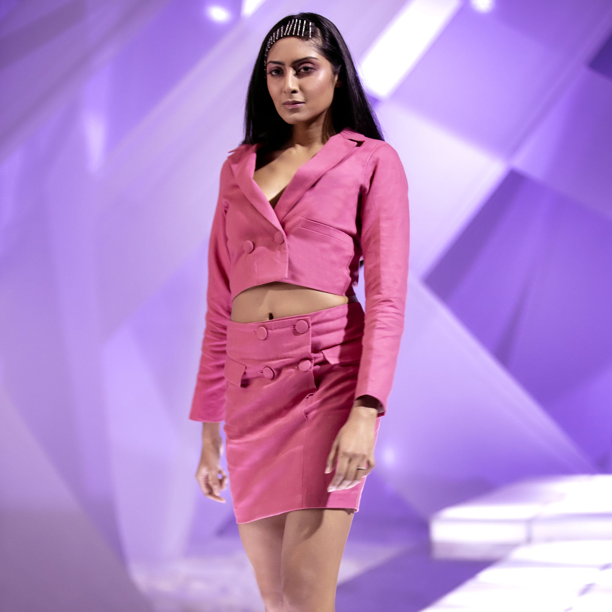 Crop Jacket with Buttoned Mini Skirt with Pocket Flaps - Fruit Dove