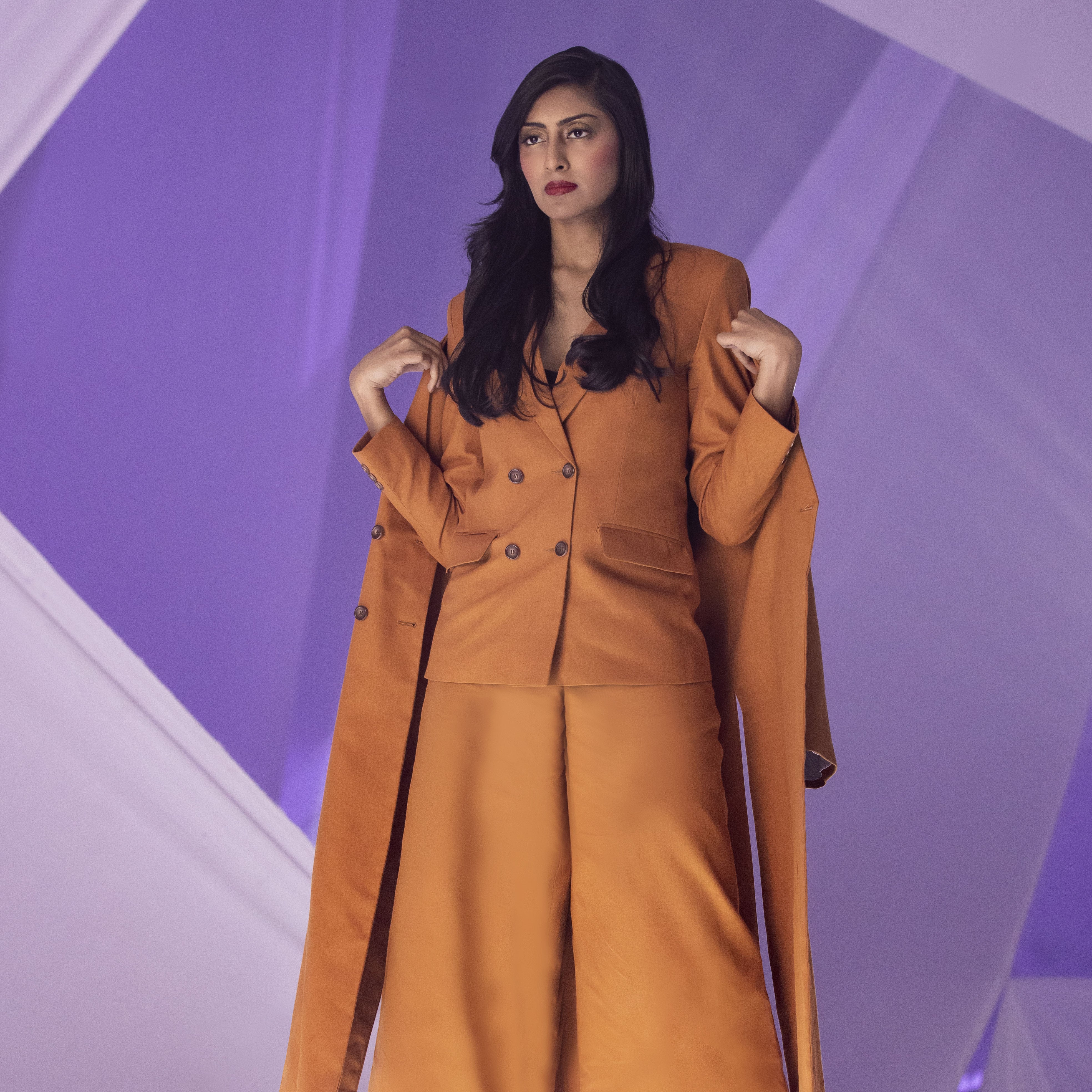 Double Breasted Blazer with Cropped Wide Legged Trousers - Adobe