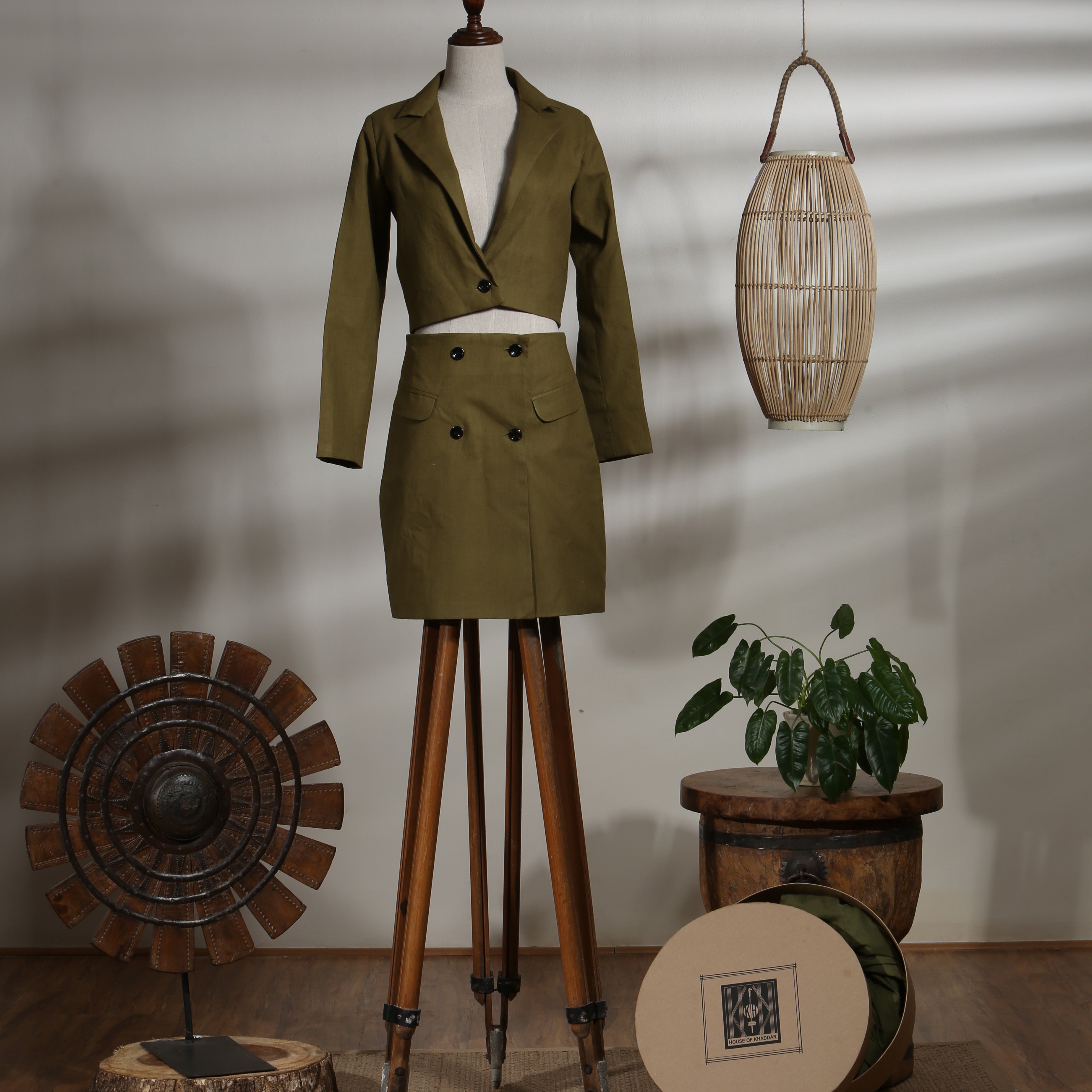 Crop Jacket with Buttoned Mini Skirt with Pocket Flaps - Olive Branch
