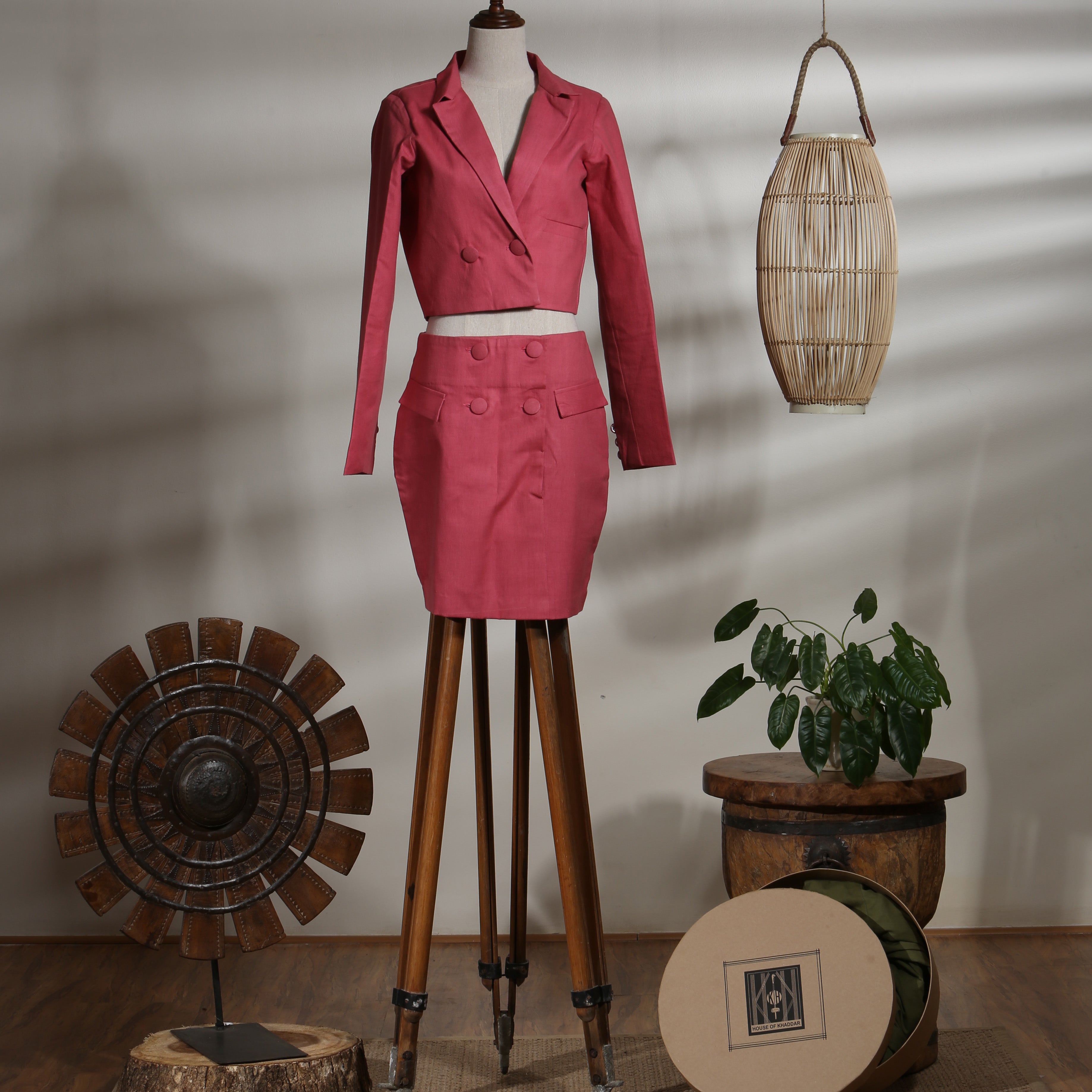 Crop Jacket with Buttoned Mini Skirt with Pocket Flaps - Fruit Dove