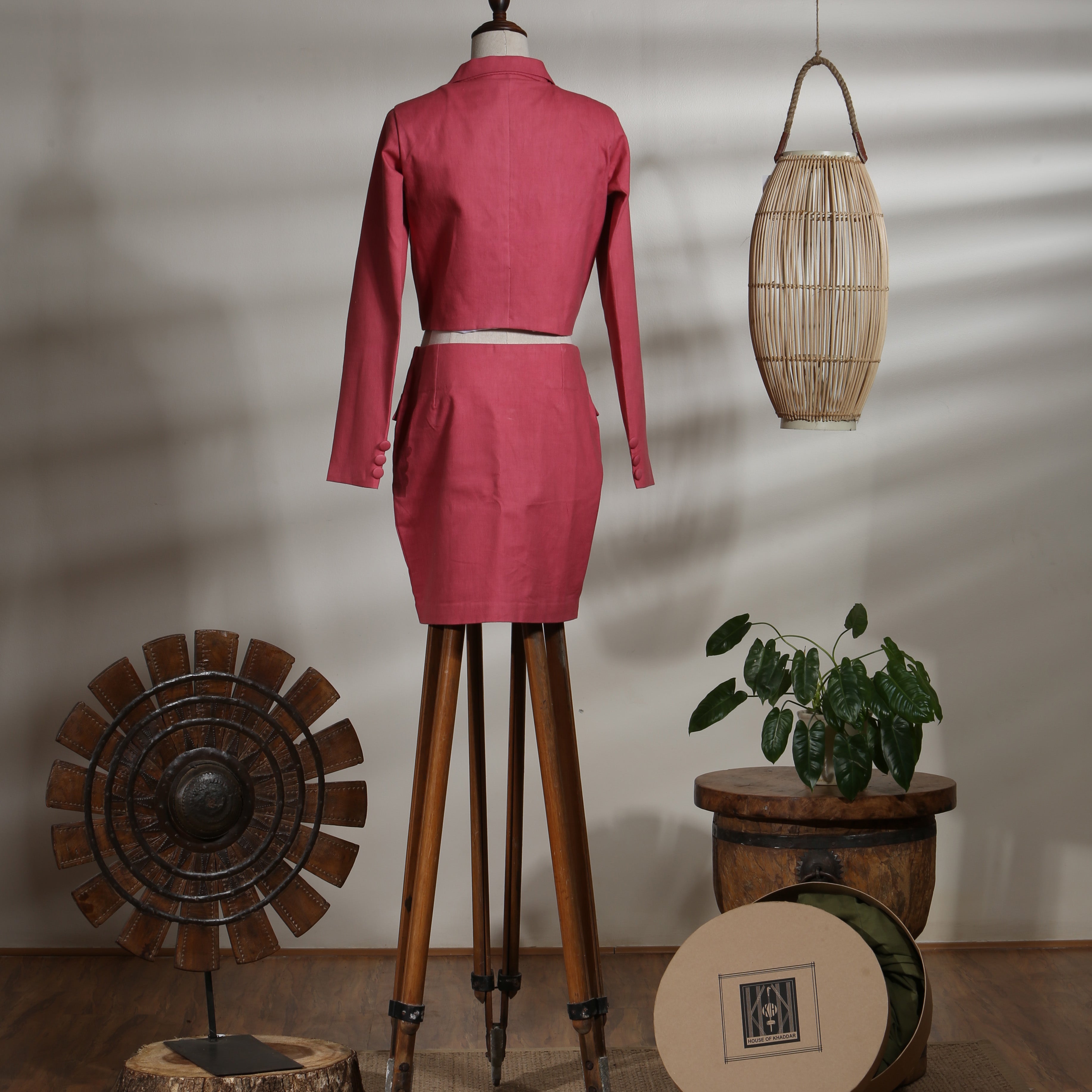 Crop Jacket with Buttoned Mini Skirt with Pocket Flaps - Fruit Dove