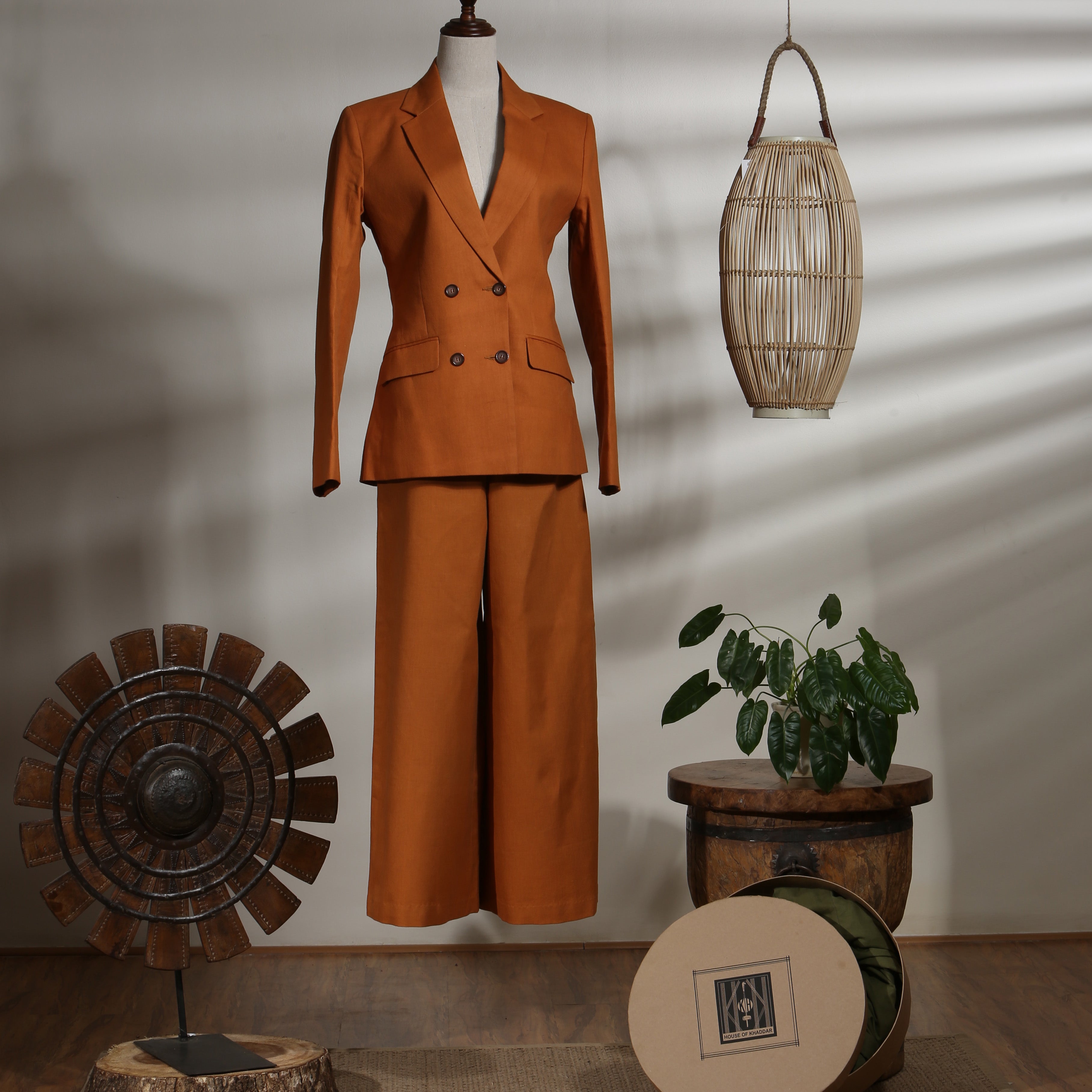 Double Breasted Blazer with Cropped Wide Legged Trousers - Adobe