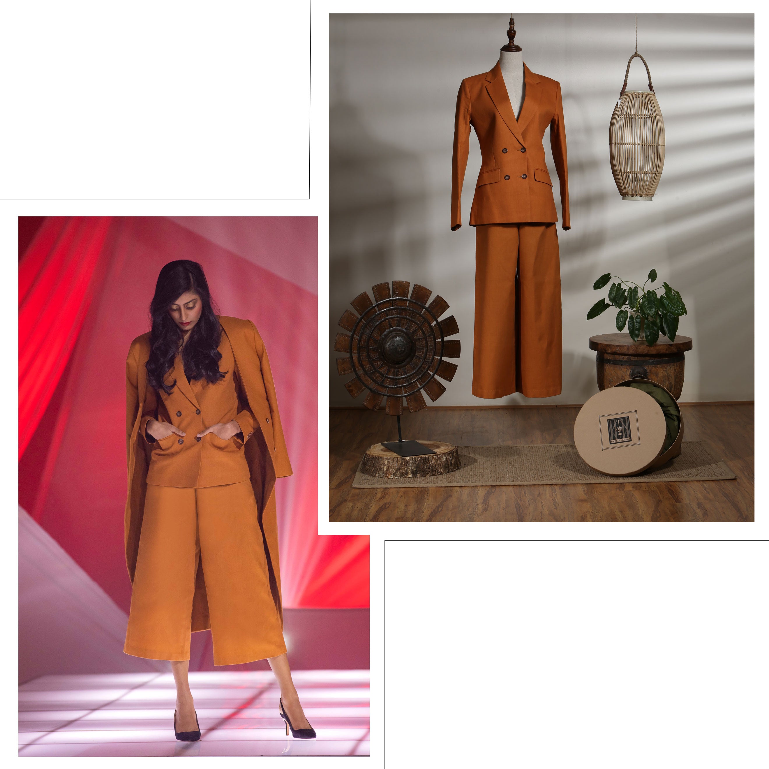 Double Breasted Blazer with Cropped Wide Legged Trousers - Adobe