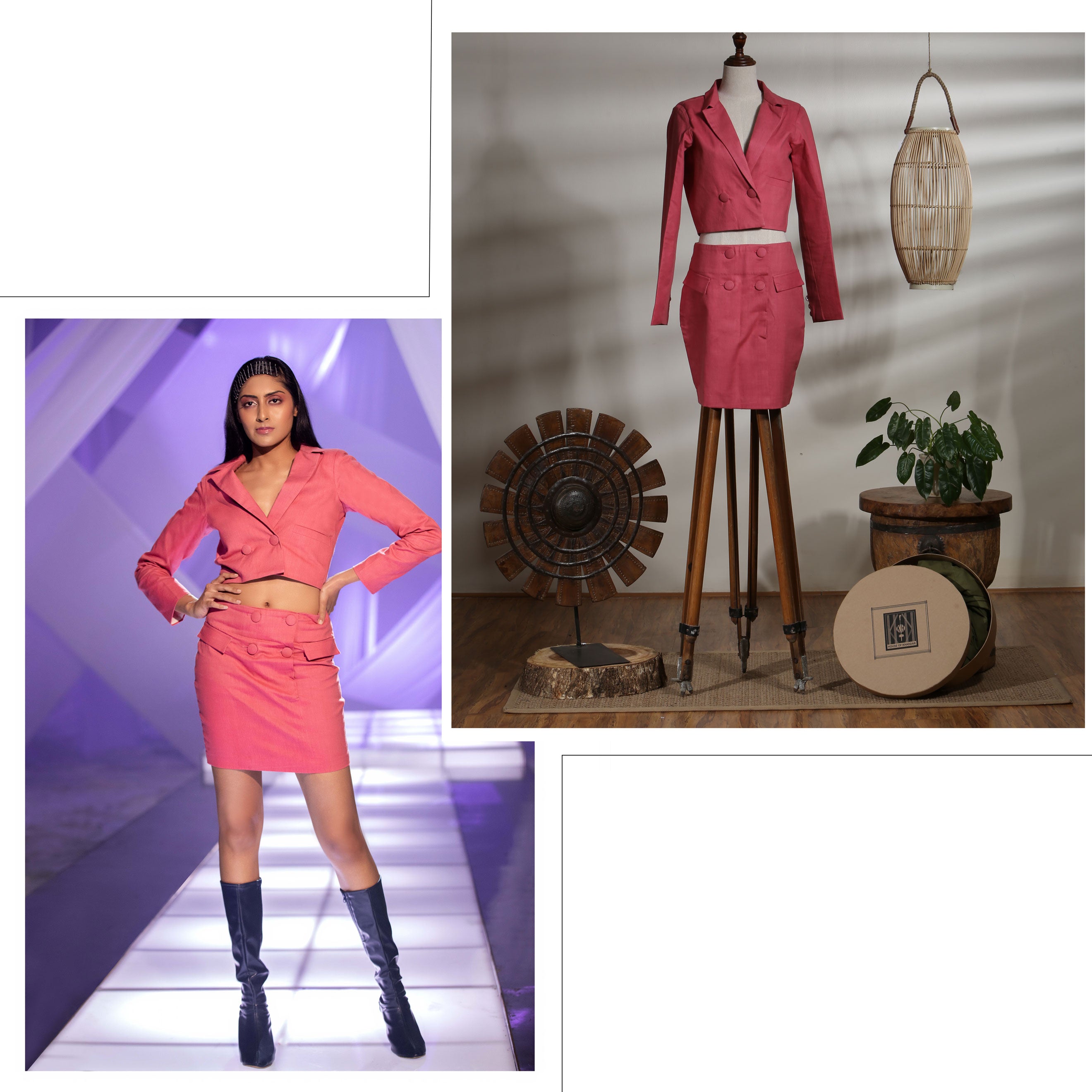 Crop Jacket with Buttoned Mini Skirt with Pocket Flaps - Fruit Dove