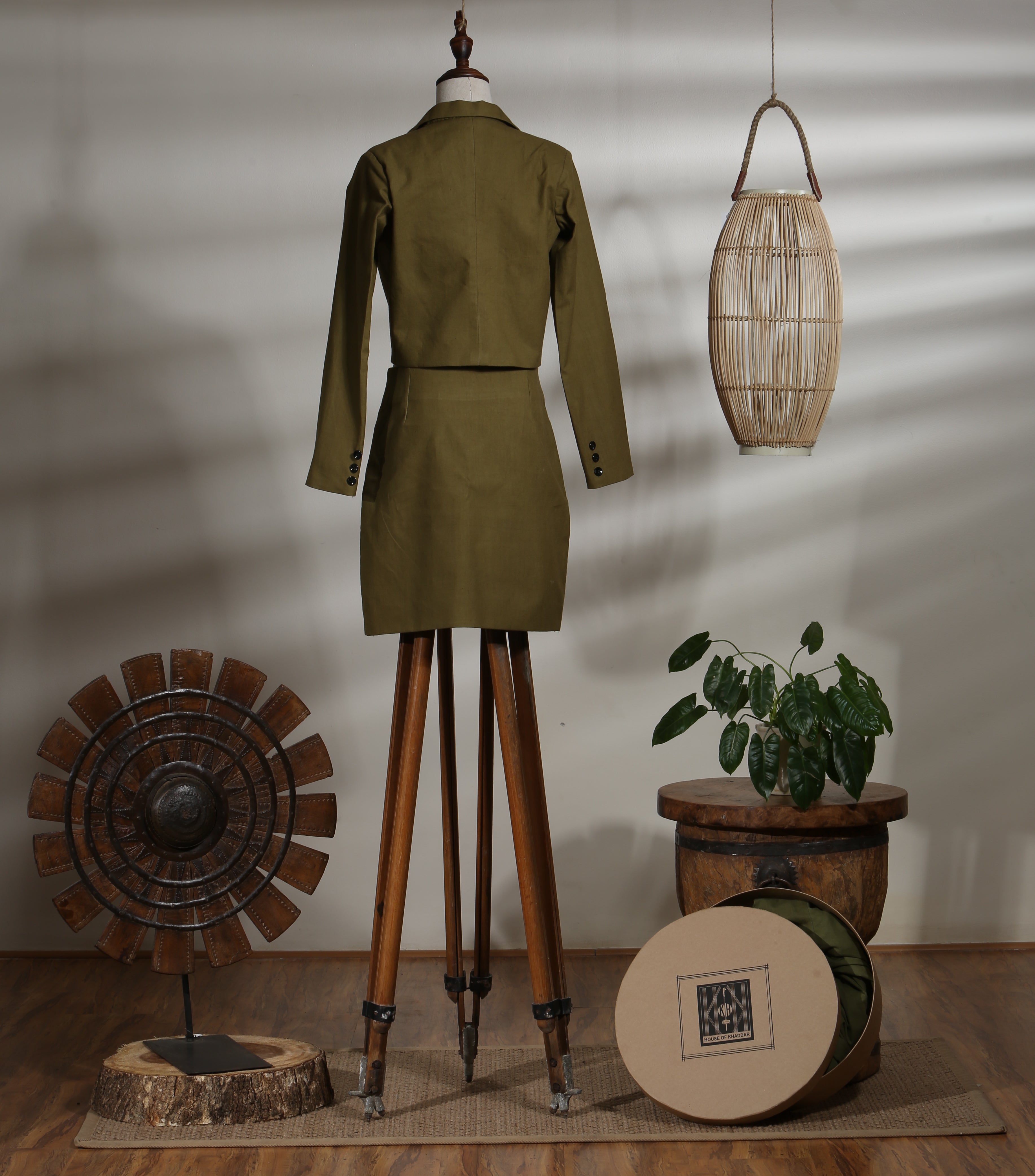 CROP JACKET WITH BUTTONED MINI SKIRT WITH POCKET FLAPS -OLIVE BRANCH