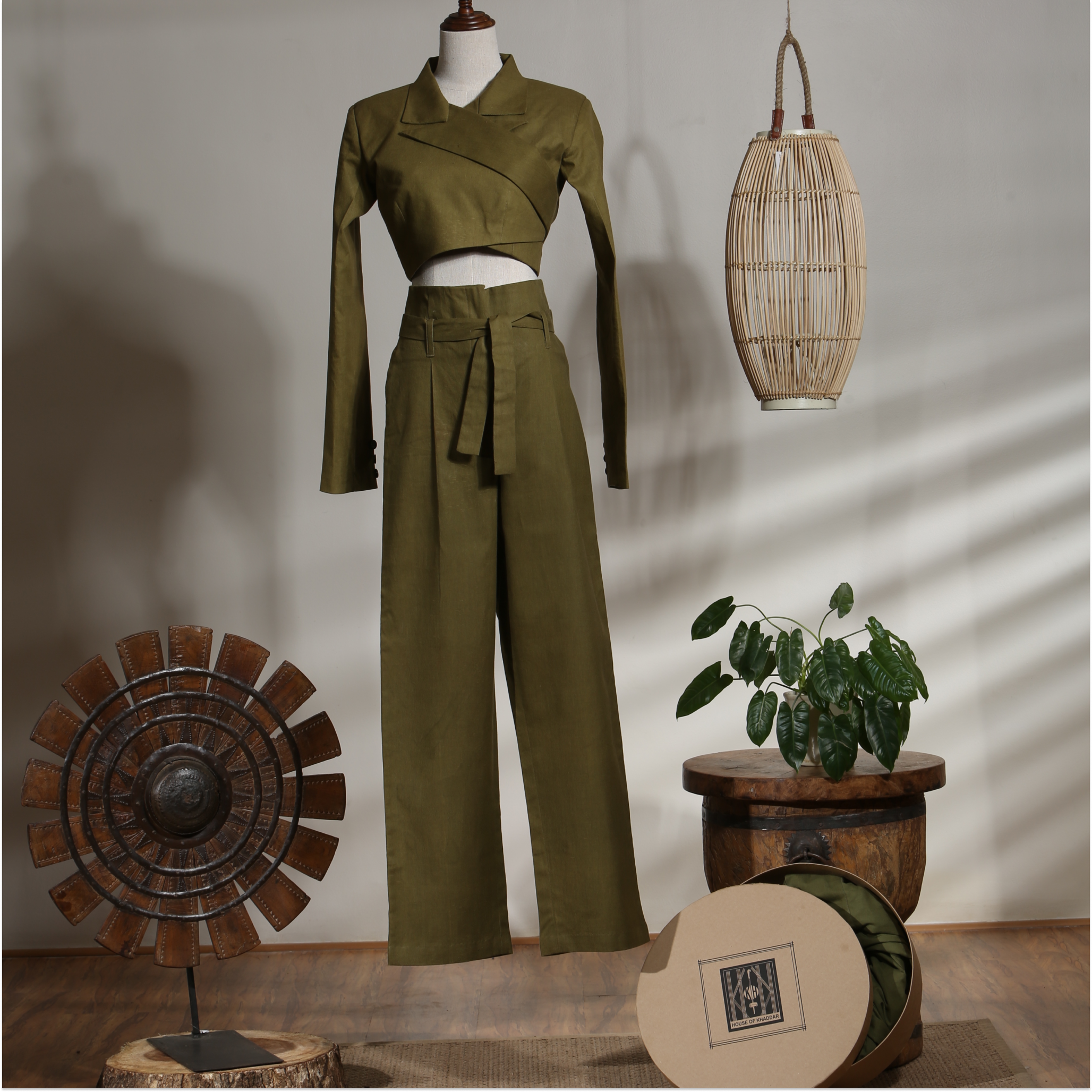 CROPPED WRAP JACKET WITH PLEATED PANTS - OLIVE BRANCH