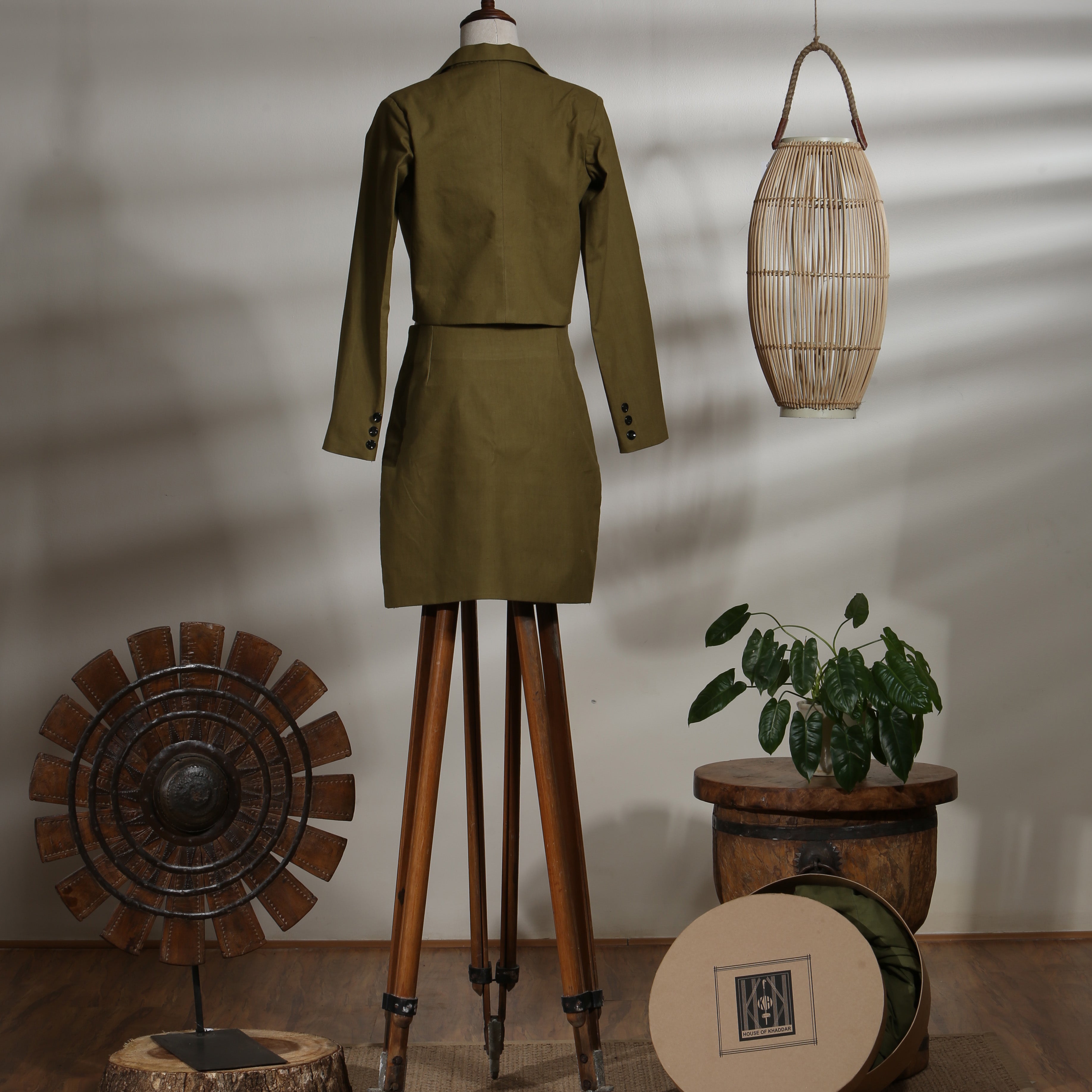 Crop Jacket with Buttoned Mini Skirt with Pocket Flaps - Olive Branch